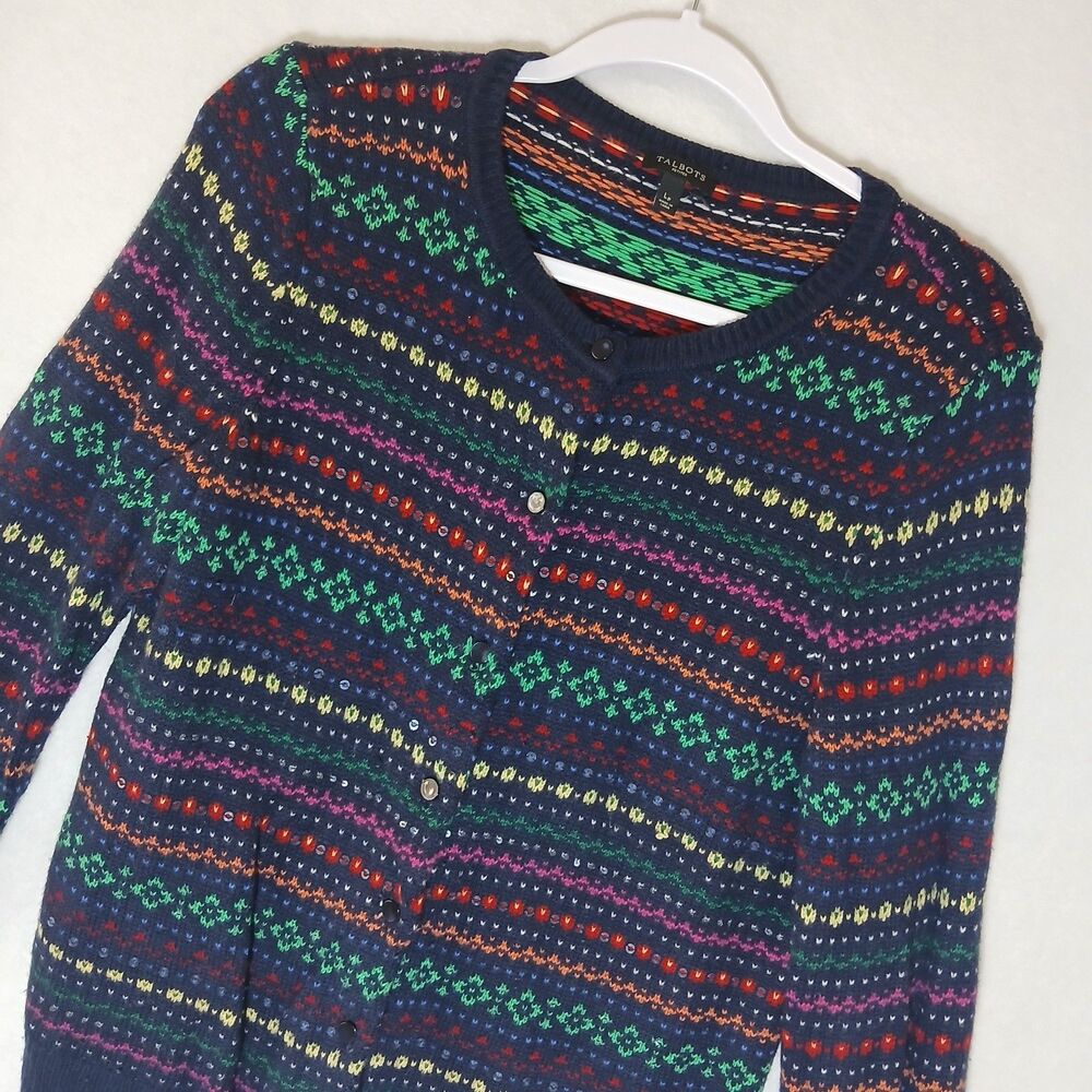 Talbots Lambswool Blend Cardigan Sweater Womens Button up Striped Preppy #1179